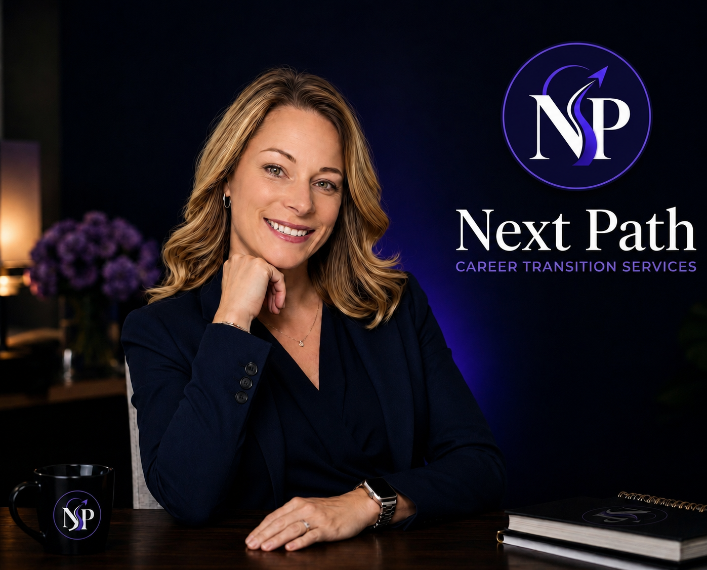 Jamie, founder of Next Path Career Transition Services, at her desk